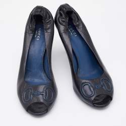 Gucci Black Leather Horsebit Embroidered Peep Toe Pumps Size 39