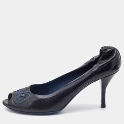 Gucci Black Leather Horsebit Embroidered Peep Toe Pumps Size 39