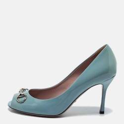 Pre Owned Gucci Light Blue Patent Leather Horsebit Peep Toe Pumps Size 38.5