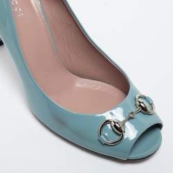 Pre Owned Gucci Light Blue Patent Leather Horsebit Peep Toe Pumps Size 38.5