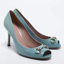 Pre Owned Gucci Light Blue Patent Leather Horsebit Peep Toe Pumps Size 38.5