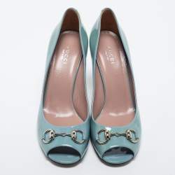 Pre Owned Gucci Light Blue Patent Leather Horsebit Peep Toe Pumps Size 38.5