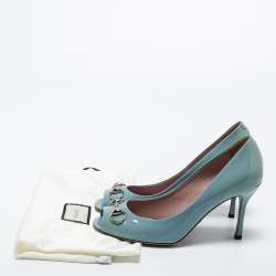 Pre Owned Gucci Light Blue Patent Leather Horsebit Peep Toe Pumps Size 38.5