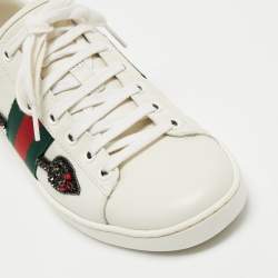 Pre Owned Gucci White Leather Crystal Embellished Arrow Ace Sneakers Size 37.5