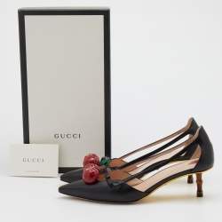 Pre Owned Gucci Black Leather Unia Cherry Bamboo Heel Pointed Toe Pumps Size 38