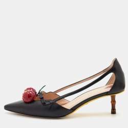 Pre Owned Gucci Black Leather Unia Cherry Bamboo Heel Pointed Toe Pumps Size 38