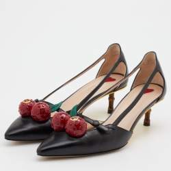 Pre Owned Gucci Black Leather Unia Cherry Bamboo Heel Pointed Toe Pumps Size 38