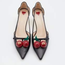 Pre Owned Gucci Black Leather Unia Cherry Bamboo Heel Pointed Toe Pumps Size 38