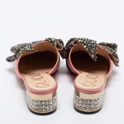 Pre Owned Gucci Pink Satin Crystal Embellished Bow Mules Size 37.5