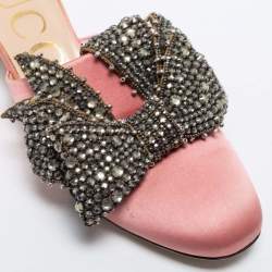 Pre Owned Gucci Pink Satin Crystal Embellished Bow Mules Size 37.5