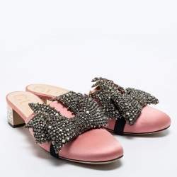 Pre Owned Gucci Pink Satin Crystal Embellished Bow Mules Size 37.5