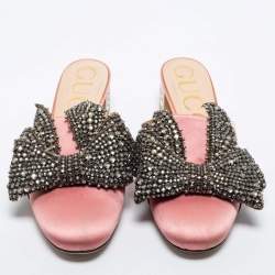 Pre Owned Gucci Pink Satin Crystal Embellished Bow Mules Size 37.5