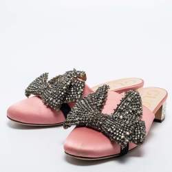 Pre Owned Gucci Pink Satin Crystal Embellished Bow Mules Size 37.5