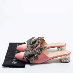 Pre Owned Gucci Pink Satin Crystal Embellished Bow Mules Size 37.5