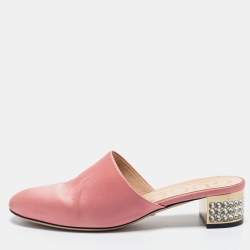 Pre Owned Gucci Pink Satin Crystal Embellished Bow Mules Size 37.5