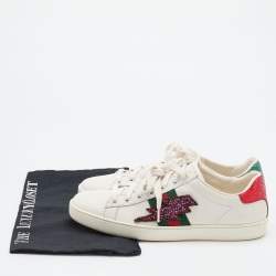 Gucci White Leather Ace Web Detail Lighting Bolt Embroidered Low Top Sneakers Size 40