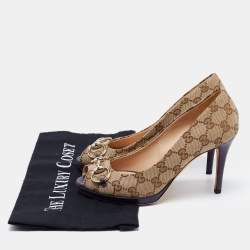 مملوكة مسبقًا Gucci Brown/Beige GG Canvas Hollywood Horsebit Platform Peep Toe Pumps Size 37