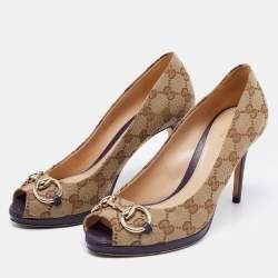 مملوكة مسبقًا Gucci Brown/Beige GG Canvas Hollywood Horsebit Platform Peep Toe Pumps Size 37