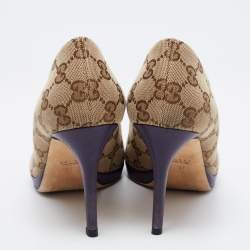 مملوكة مسبقًا Gucci Brown/Beige GG Canvas Hollywood Horsebit Platform Peep Toe Pumps Size 37