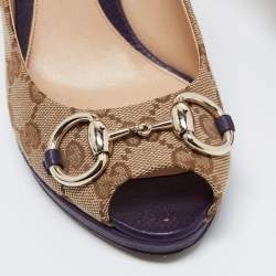 مملوكة مسبقًا Gucci Brown/Beige GG Canvas Hollywood Horsebit Platform Peep Toe Pumps Size 37