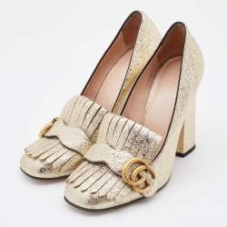 مملوكة مسبقًا Gucci Gold Foil Leather GG Marmont Fringe Detail Block Heel Pumps Size 37.5