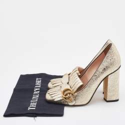 مملوكة مسبقًا Gucci Gold Foil Leather GG Marmont Fringe Detail Block Heel Pumps Size 37.5