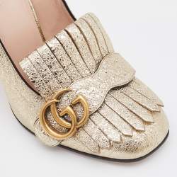 مملوكة مسبقًا Gucci Gold Foil Leather GG Marmont Fringe Detail Block Heel Pumps Size 37.5