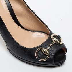Pre Owned Gucci Black Guccissima Leather Horsebit Peep Toe Pumps Size 36.5