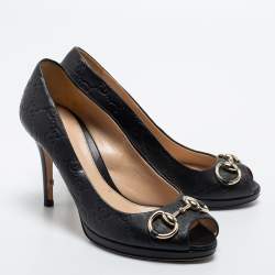Pre Owned Gucci Black Guccissima Leather Horsebit Peep Toe Pumps Size 36.5