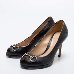 Pre Owned Gucci Black Guccissima Leather Horsebit Peep Toe Pumps Size 36.5