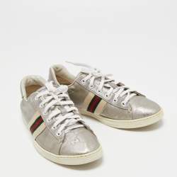 Gucci Silver GG Coated Canvas and Leather Ace Low Top Sneakers Size 37.5