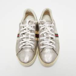 Gucci Silver GG Coated Canvas and Leather Ace Low Top Sneakers Size 37.5
