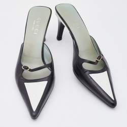 Gucci Black/White Leather Pointed Toe Mules Size 38.5