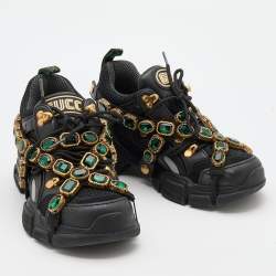 Pre Owned Gucci Black Mesh and Leather Flashtrek Chunky Sneakers Size 36