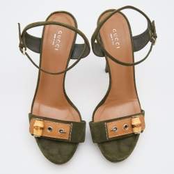 Pre Owned Gucci Green Suede Bamboo Ankle Strap Sandals Size 38.5