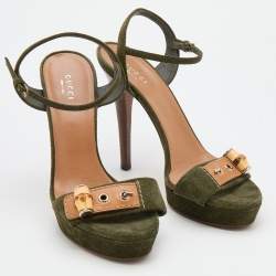 Pre Owned Gucci Green Suede Bamboo Ankle Strap Sandals Size 38.5