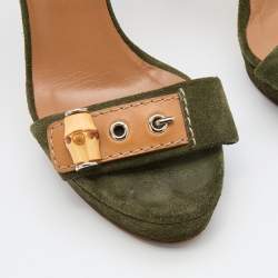 Pre Owned Gucci Green Suede Bamboo Ankle Strap Sandals Size 38.5