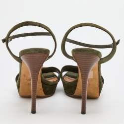 Pre Owned Gucci Green Suede Bamboo Ankle Strap Sandals Size 38.5