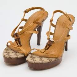 Pre Owned Gucci Brown Leather Bamboo Ankle Strap Sandals Size 35.5