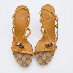 Pre Owned Gucci Brown Leather Bamboo Ankle Strap Sandals Size 35.5