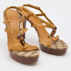 Pre Owned Gucci Brown Leather Bamboo Ankle Strap Sandals Size 35.5