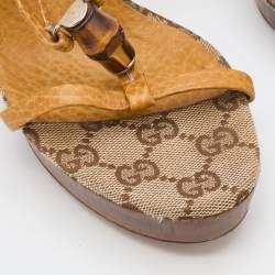 Pre Owned Gucci Brown Leather Bamboo Ankle Strap Sandals Size 35.5