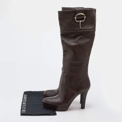 Pre Owned Gucci Dark Brown Leather Knee Length Platform Boots Size 40