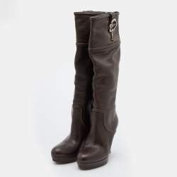Pre Owned Gucci Dark Brown Leather Knee Length Platform Boots Size 40