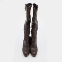 Pre Owned Gucci Dark Brown Leather Knee Length Platform Boots Size 40