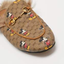 Pre Owned Gucci x Disney Brown Mickey Mouse Print GG Supreme Canvas Princetown Flat Mules Size 39