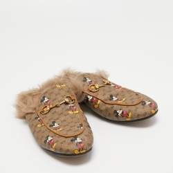 Pre Owned Gucci x Disney Brown Mickey Mouse Print GG Supreme Canvas Princetown Flat Mules Size 39