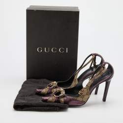 Pre Owned Gucci Beige/Purple GG Canvas and Leather Chain Detail Ankle Strap Pumps Size 36
