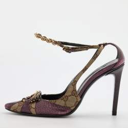 Pre Owned Gucci Beige/Purple GG Canvas and Leather Chain Detail Ankle Strap Pumps Size 36