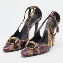 Pre Owned Gucci Beige/Purple GG Canvas and Leather Chain Detail Ankle Strap Pumps Size 36